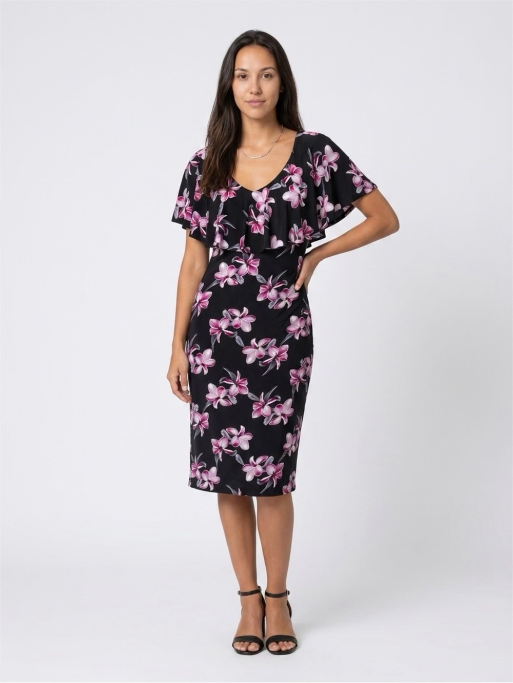 connected apparel Black Midi Dress with Pink Floral Print